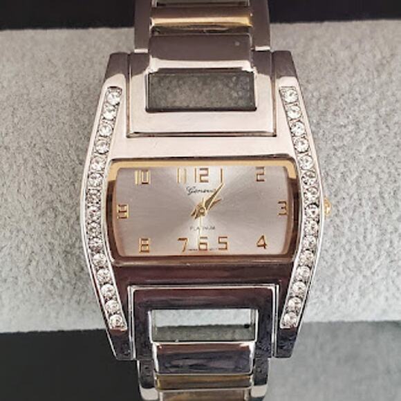 Geneva Women's Bracelet Watch Cuff Silver Tone with Crystals Gold Tone Dressy - Picture 1 of 8